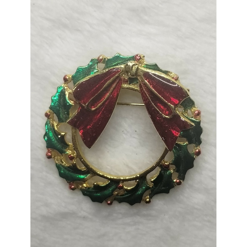 Vintage Christmas Wreath Brooch Pin Gold Tone Red Enamel Bow‎ Green Holly Leaf